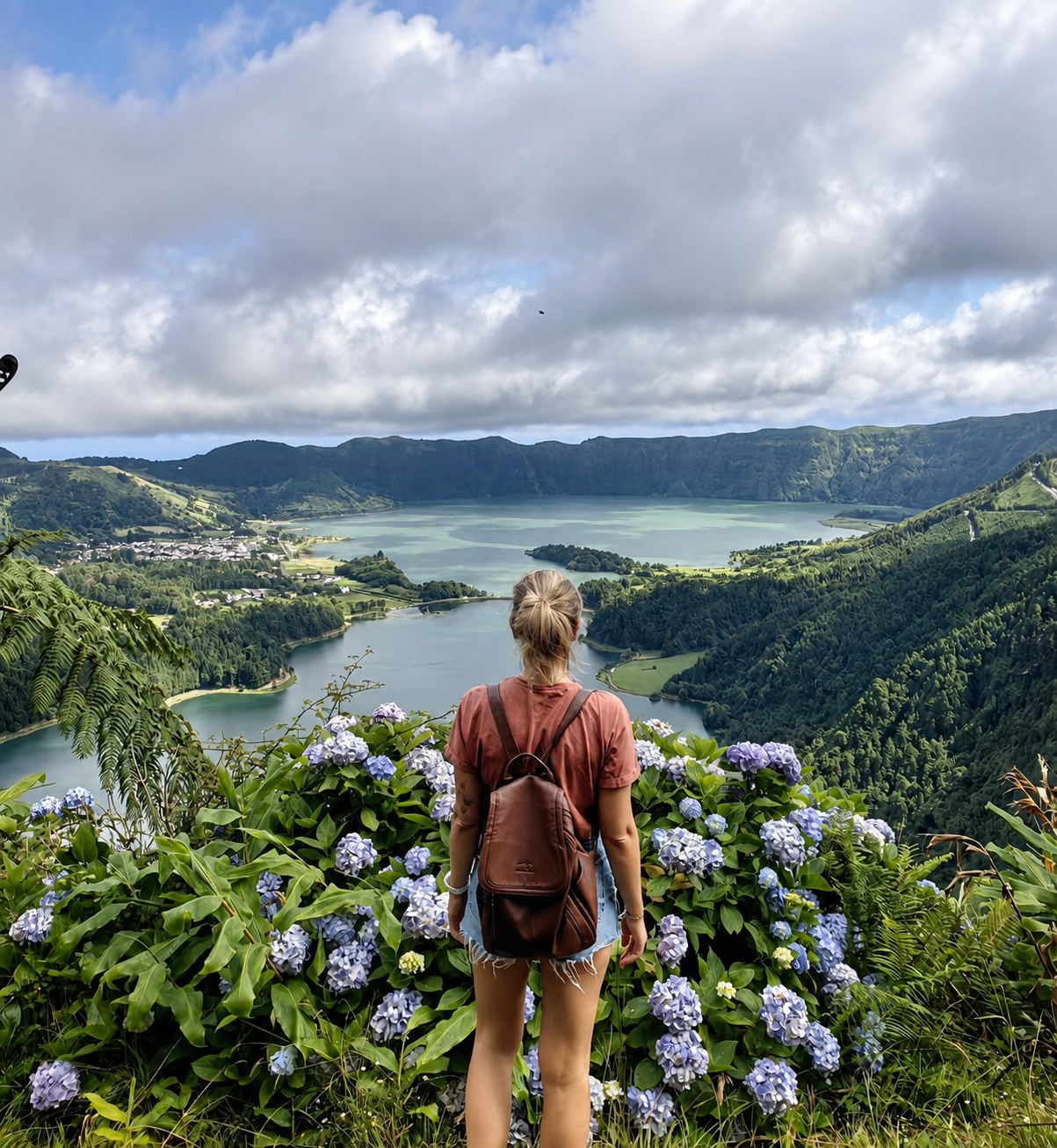 Danijela ispred hortenzija i jezera Sete Cidades na Azorima